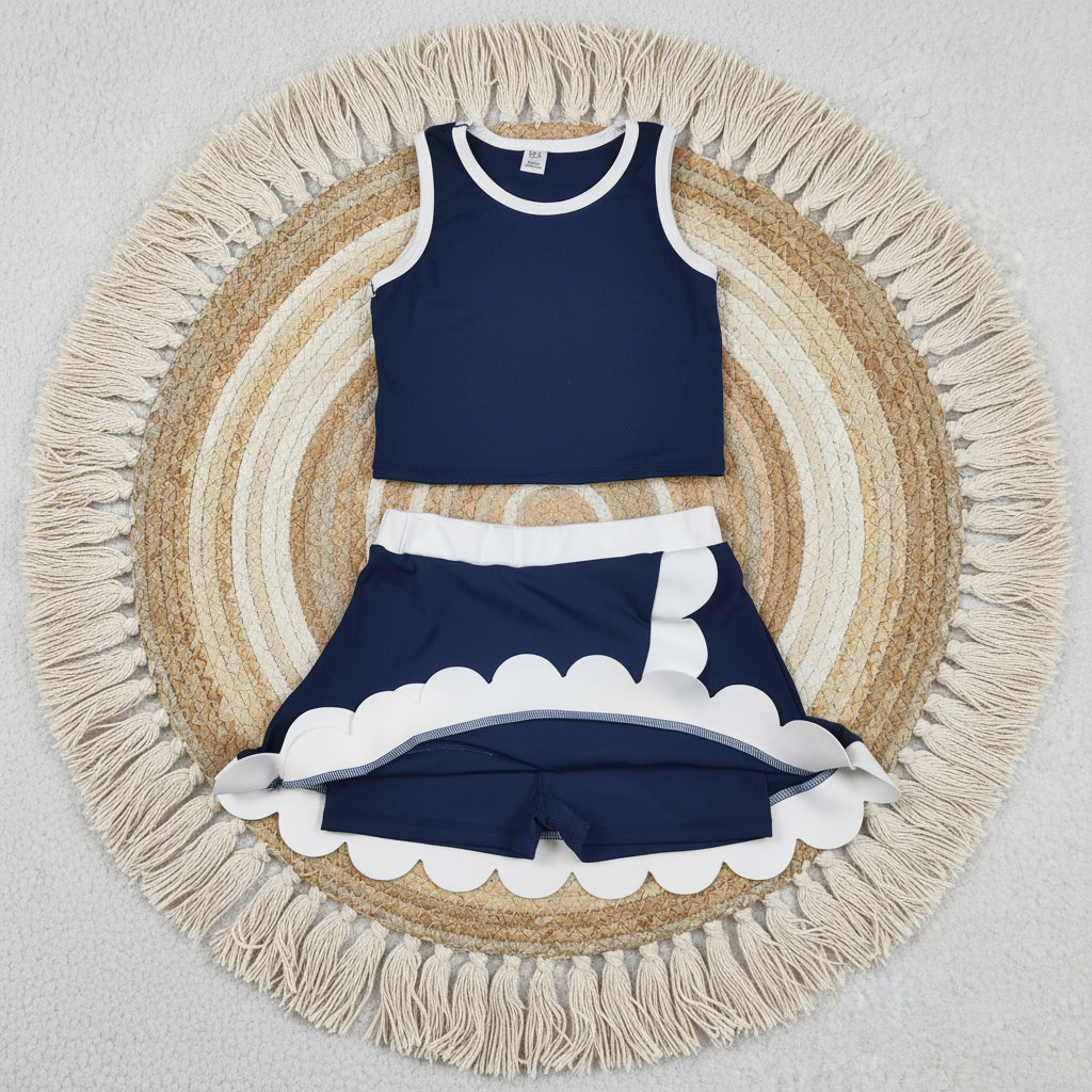 solid navy blue white scallop athletic skort outfit girls clothes