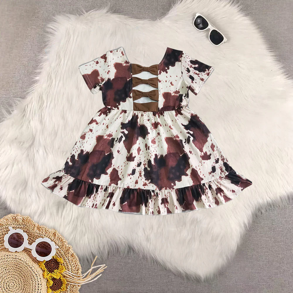 Match Baby Girls Summer Cow Print Bow Knee Length Dress Jumpsuit Zipper Rompers D 6.16