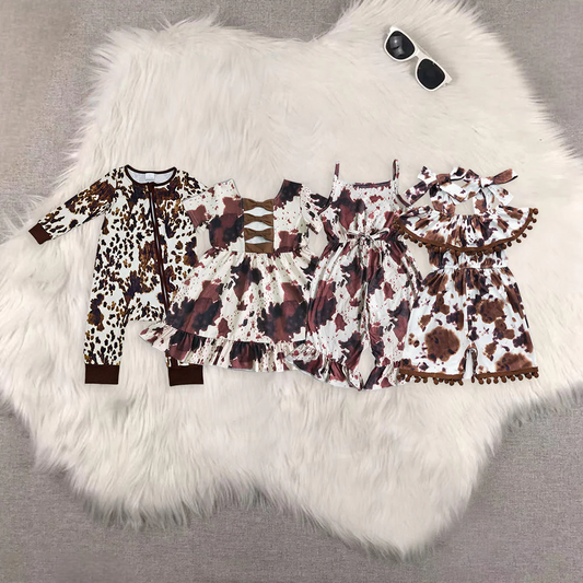 Match Baby Girls Summer Cow Print Bow Knee Length Dress Jumpsuit Zipper Rompers D 6.16
