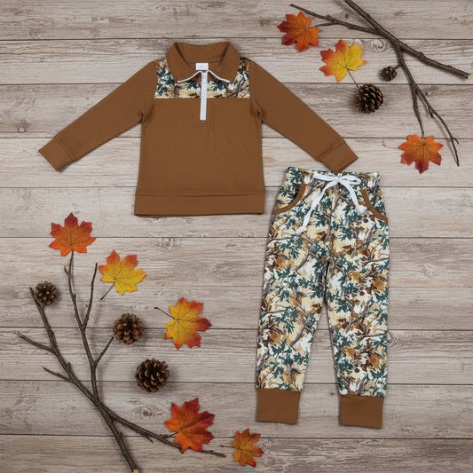 camo leaf print zip up pullover joggers outfit