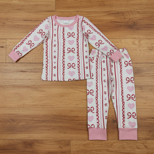 stripes bow and heart valentine girl pajama set
