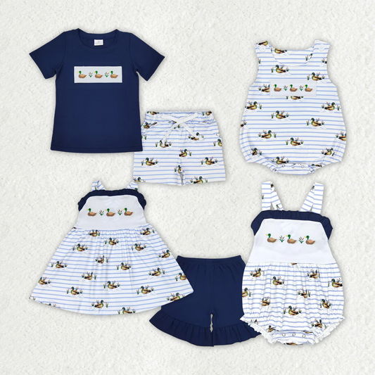 Match Baby Girls Ducks Straps Tunic Sibling Rompers Clothes Sets
