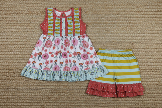 sleeveless ruffle flower shorts set summer toddler girl clothing