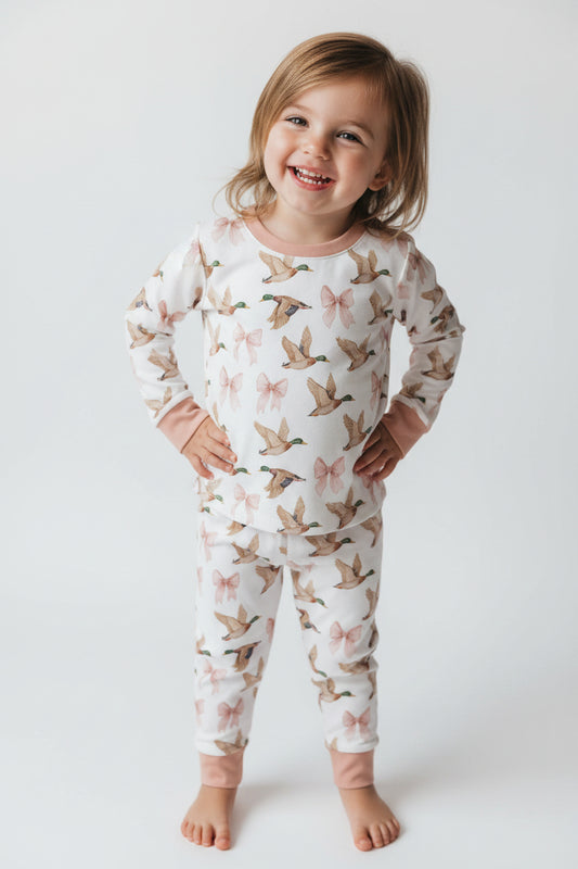 GLP2687 Baby Girls Ducks Bows Plaid Top Pants Pajamas Set