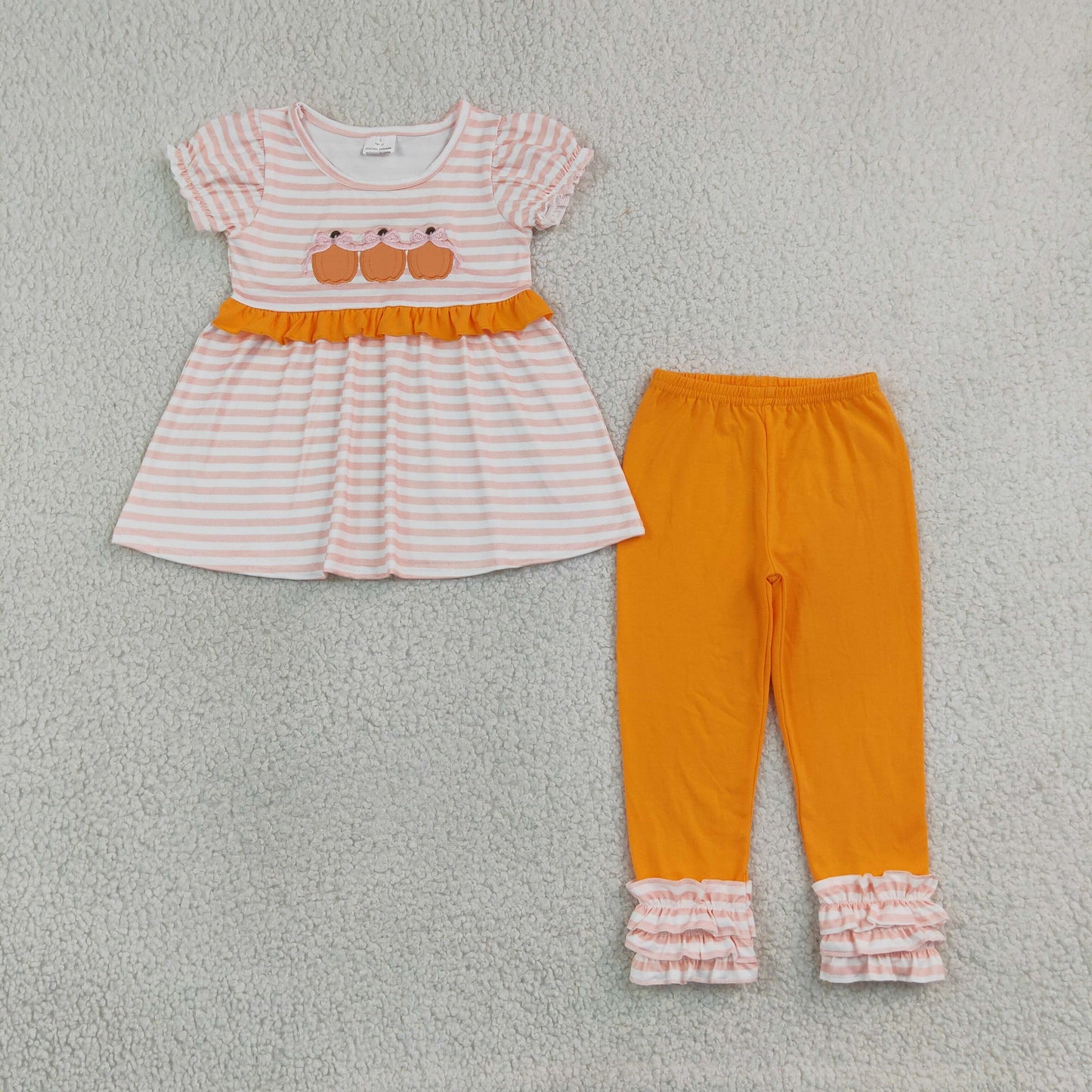 short sleeve pumpkin embroidery icing pants set fall girl clothing