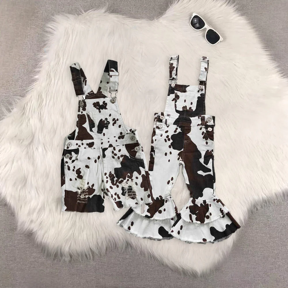 Sibling Baby Girls Western Cow Print Bell Pants Shorts Denim Jeans D 6.16