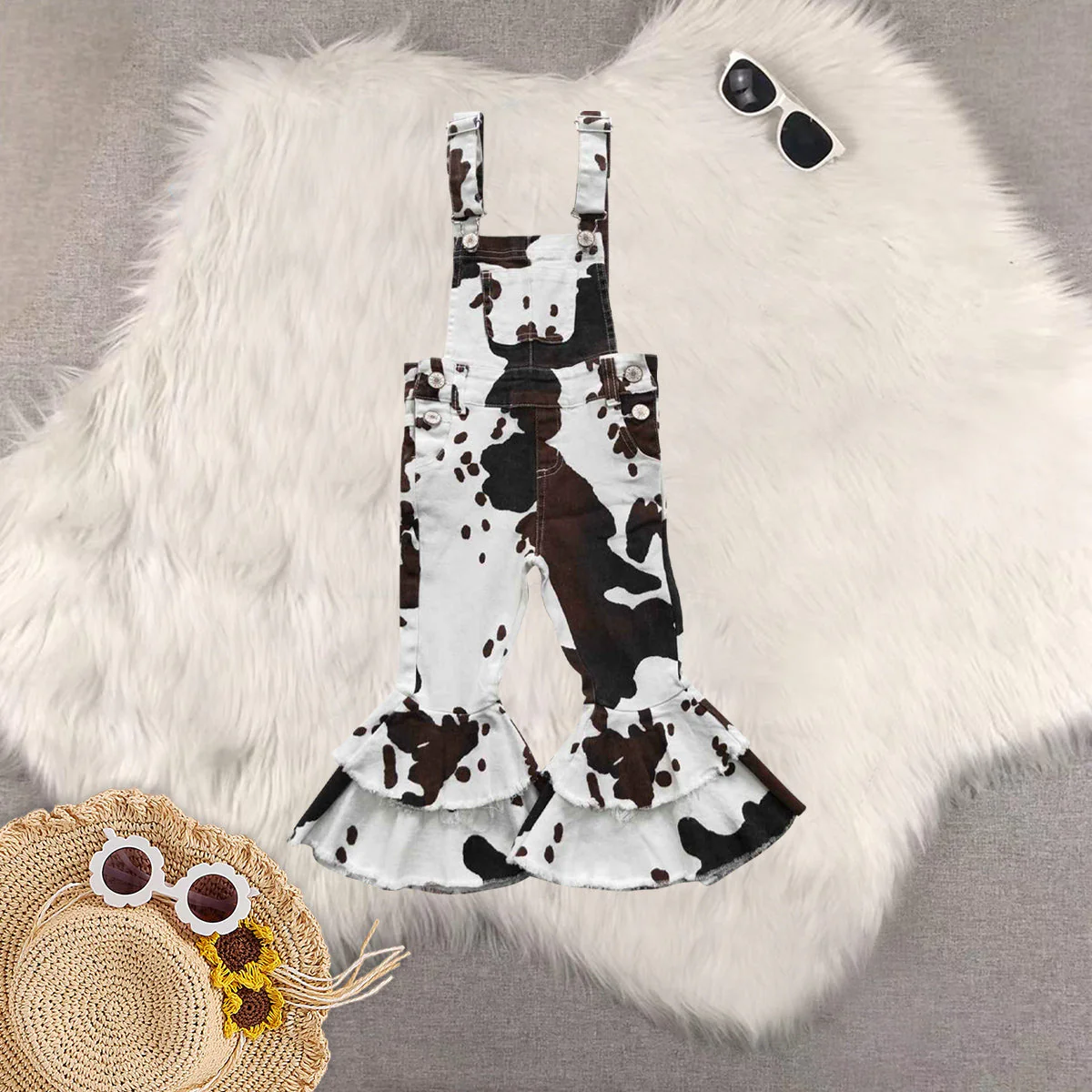 Sibling Baby Girls Western Cow Print Bell Pants Shorts Denim Jeans D 6.16