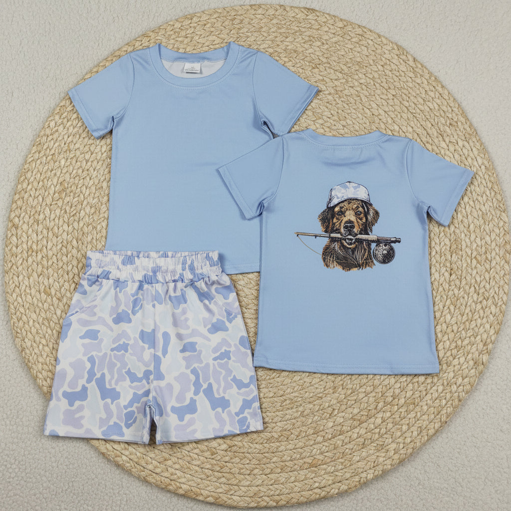 hunting dog print blue camo shorts set kids clothing