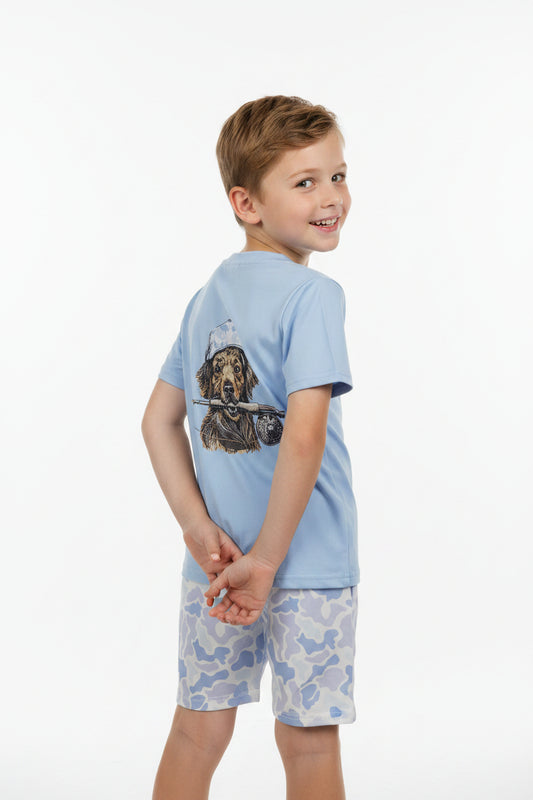 hunting dog print blue camo shorts set kids clothing