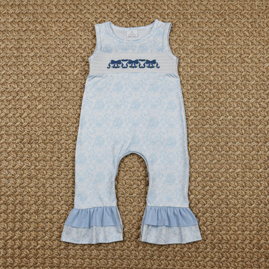 sleeveless blue bow smocked ruffle romper