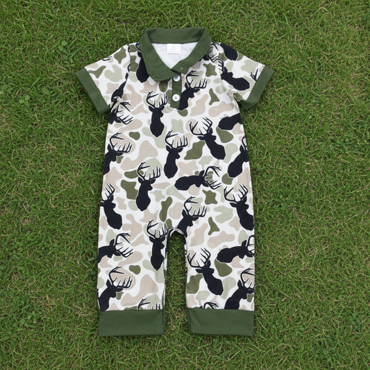 short sleeve olive deer camo boy romper