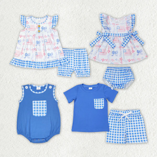 Match Baby Girls Boys Sibling 4th of July Bows Summer Rompers Clothes Sets