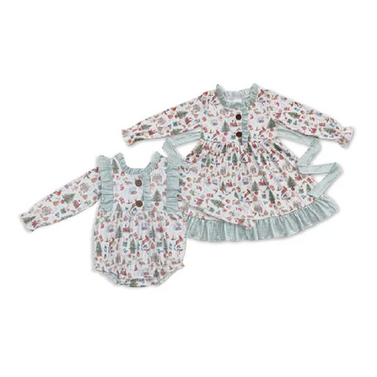 Sibling Baby Girls Christmas Present Belt Button Ruffle Knee Length Dresses Rompers   D 1115