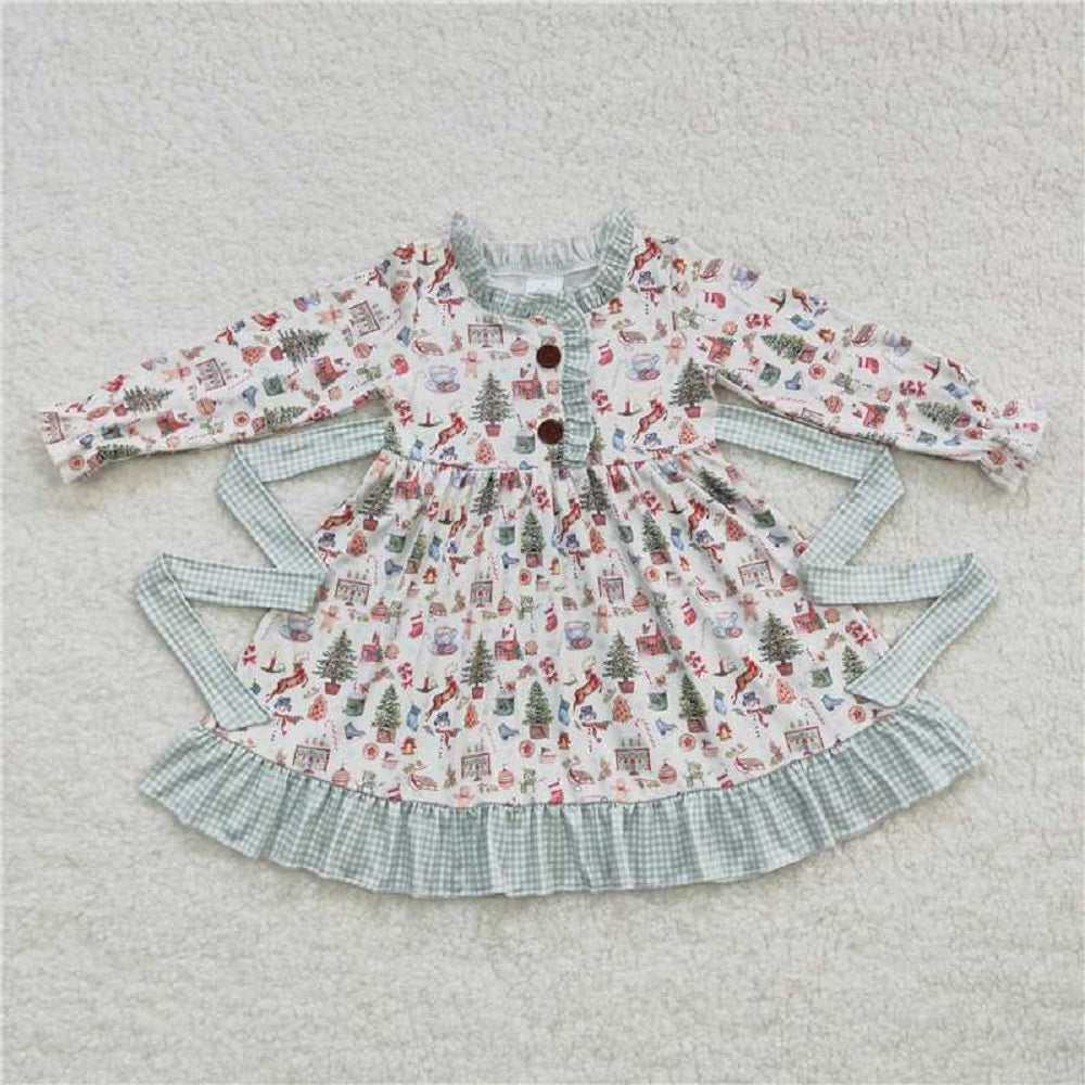 Sibling Baby Girls Christmas Present Belt Button Ruffle Knee Length Dresses Rompers   D 1115