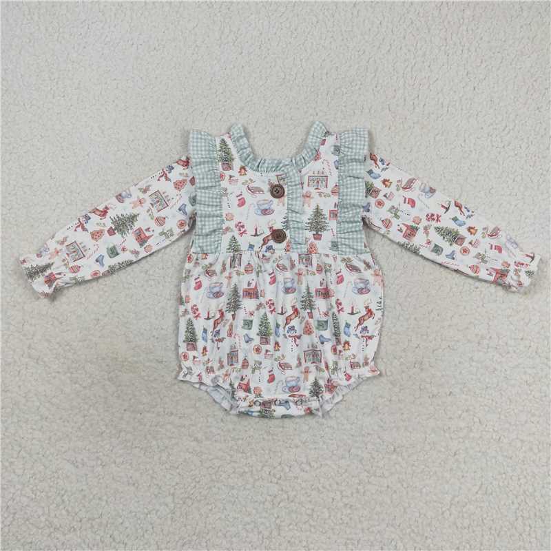 Sibling Baby Girls Christmas Present Belt Button Ruffle Knee Length Dresses Rompers   D 1115
