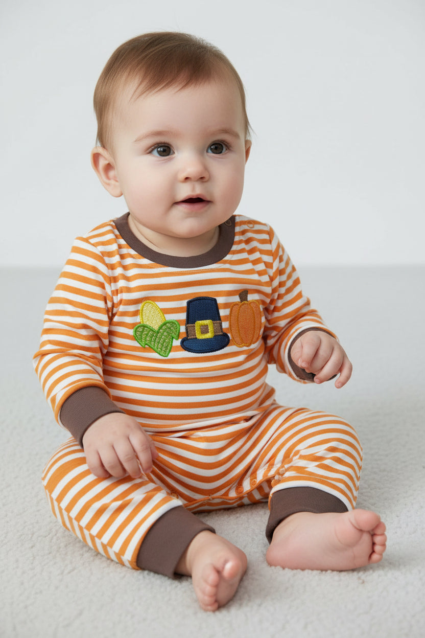 orange stripes long sleeve corn pumpkin embroidery romper