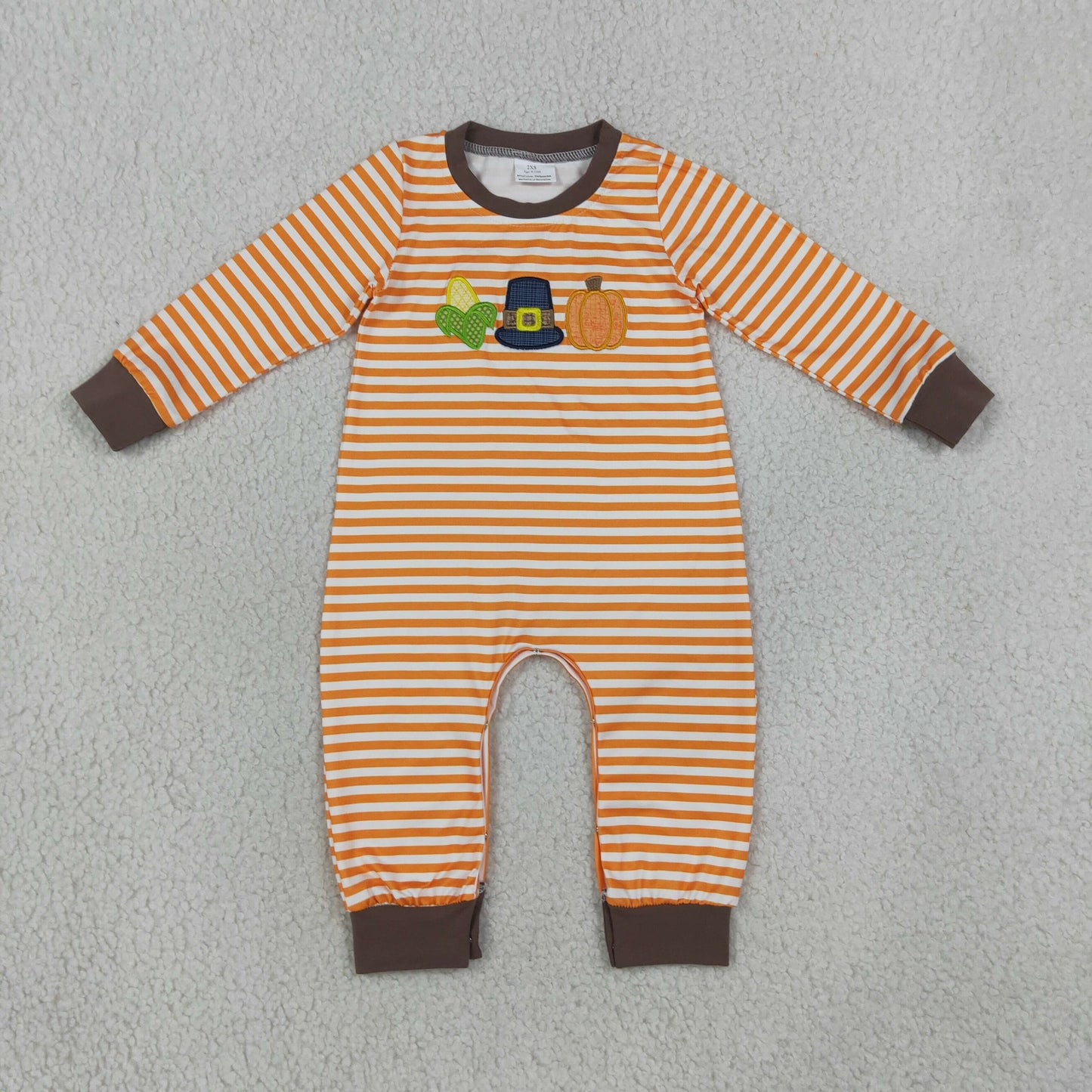 orange stripes long sleeve corn pumpkin embroidery romper