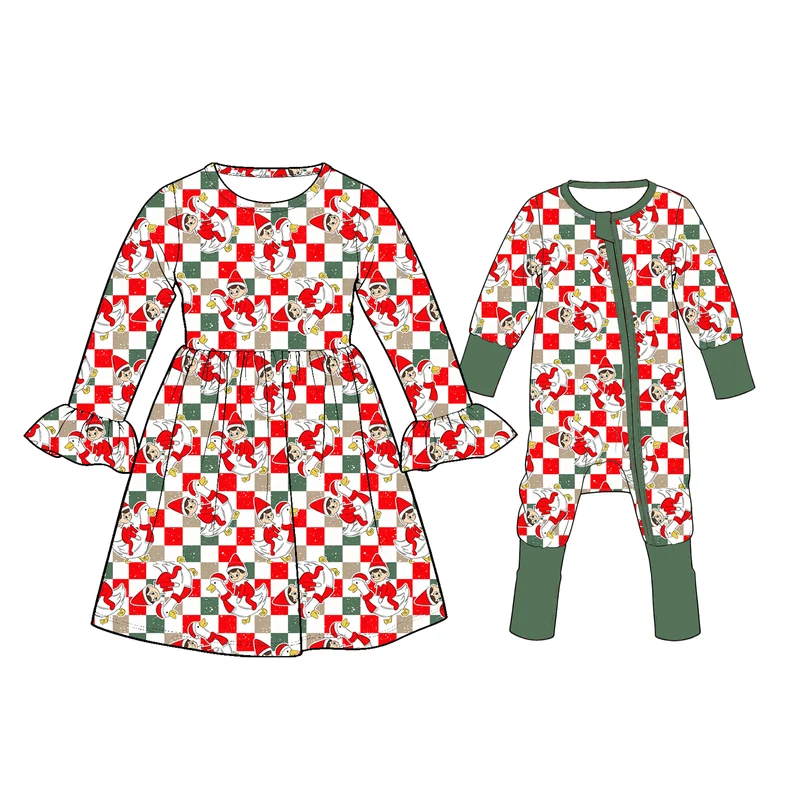 MOQ 5 one items TAT 7-8weeks 95%cotton 5%spandex christmas silly goose and elf dress with sleeper