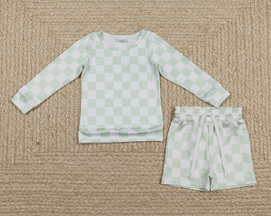 long sleeve green checkered shorts set