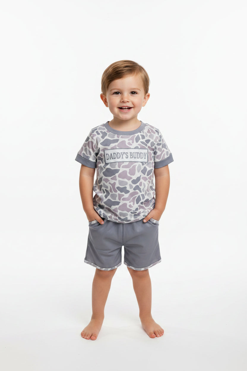 daddy's buddy embroidery grey camo shorts set