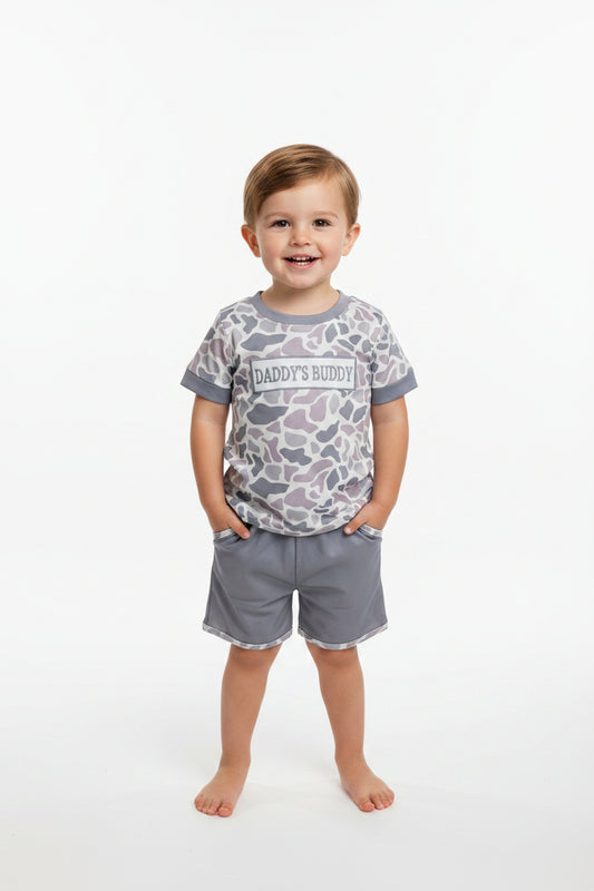 daddy's buddy embroidery grey camo shorts set