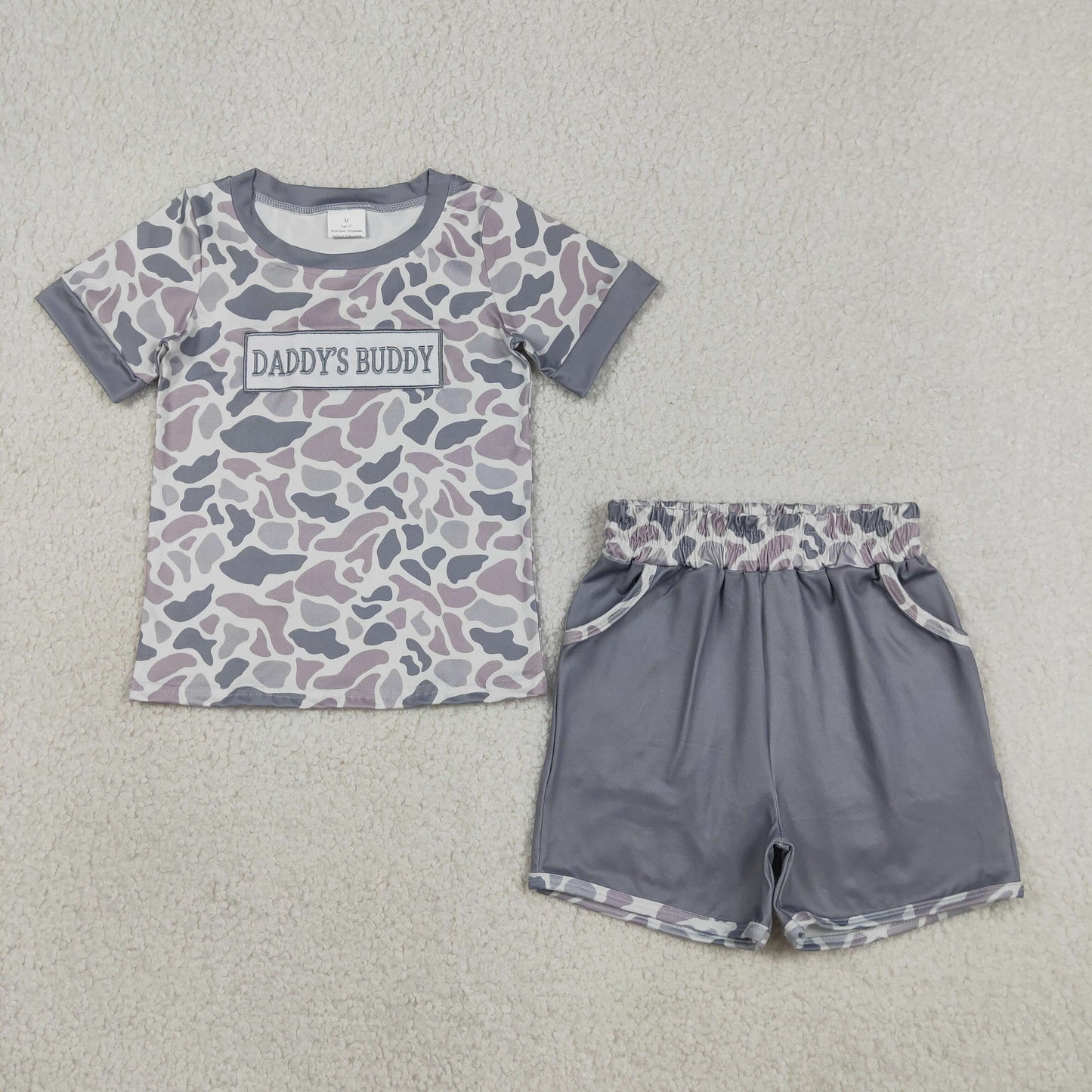 daddy's buddy embroidery grey camo shorts set