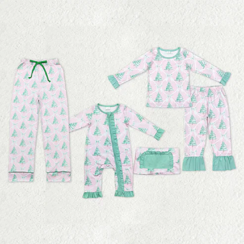 Family Sibling Bows Trees Checked Top Ruffle Pants Christmas Pajamas Sets Zipper Rompers Women Pants   D 1115