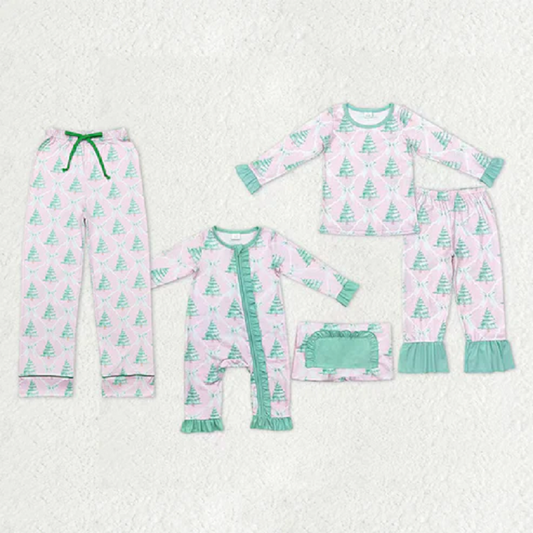 Family Sibling Bows Trees Checked Top Ruffle Pants Christmas Pajamas Sets Zipper Rompers Women Pants   D 1115