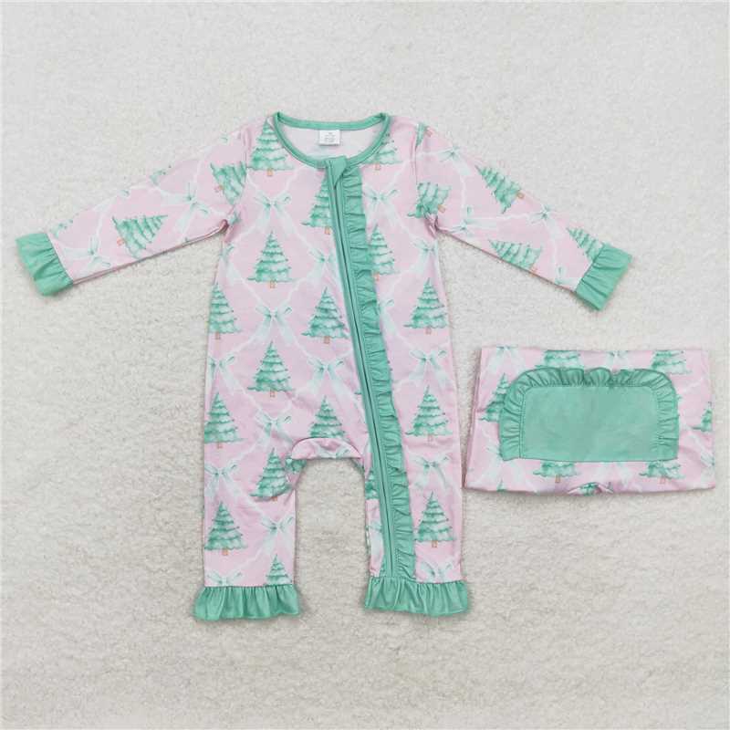Family Sibling Bows Trees Checked Top Ruffle Pants Christmas Pajamas Sets Zipper Rompers Women Pants   D 1115