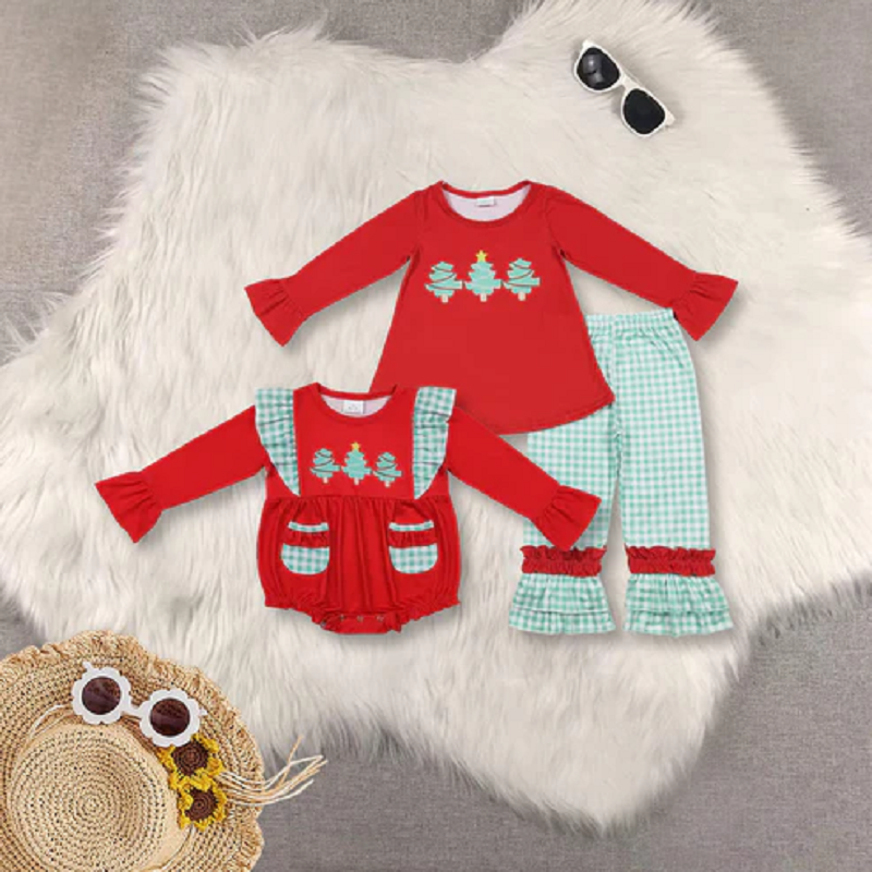 Sibling Baby Girls Christmas Tree Tunic Ruffle Pants Clothes Sets Rompers   D 1115