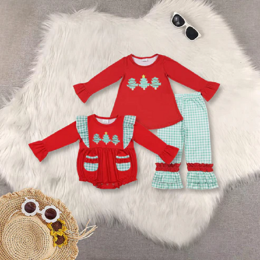 Sibling Baby Girls Christmas Tree Tunic Ruffle Pants Clothes Sets Rompers   D 1115