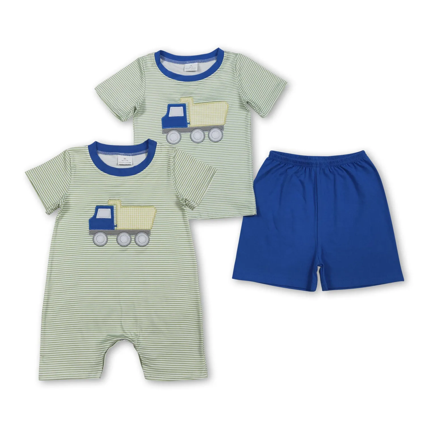 Sibling truck vehicle bubble and shorts set embroidery boy clothing