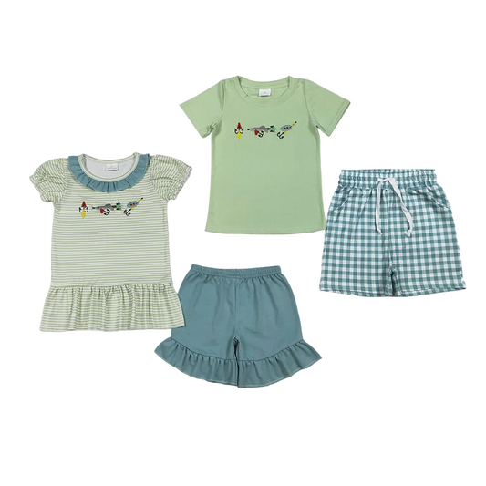 Sibling Baby Boys Girls Short Sleeves Embroidery Fishing Shirts Green Plaid Shorts Clothes Sets