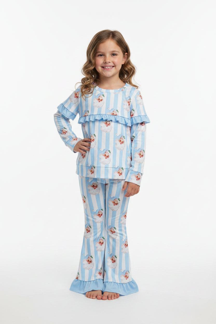 blue stripes with santa print ruffle belle outfit Christmas girl clothing