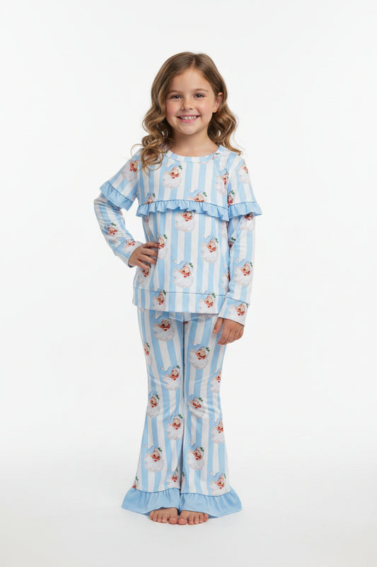 blue stripes with santa print ruffle belle outfit Christmas girl clothing