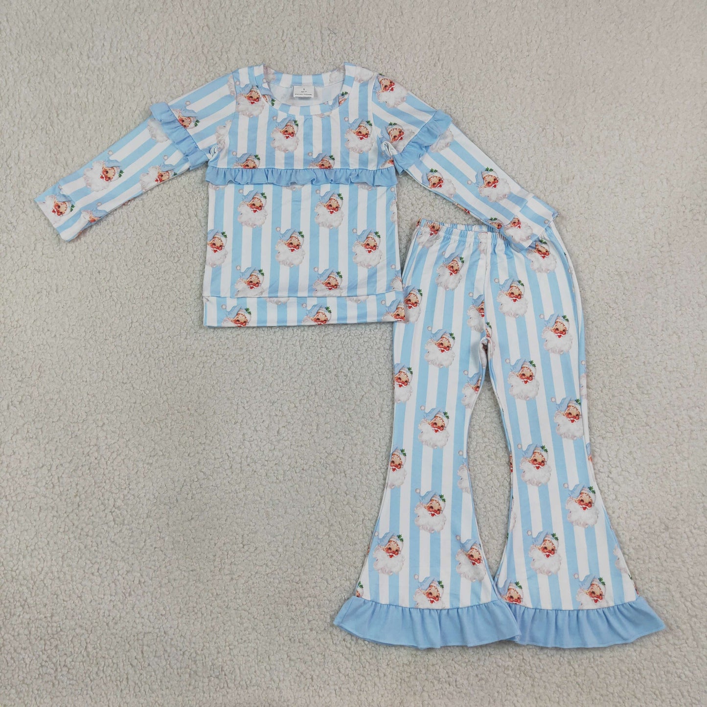 blue stripes with santa print ruffle belle outfit Christmas girl clothing