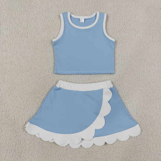 solid blue and white scallop athletic skort outfit girls clothes