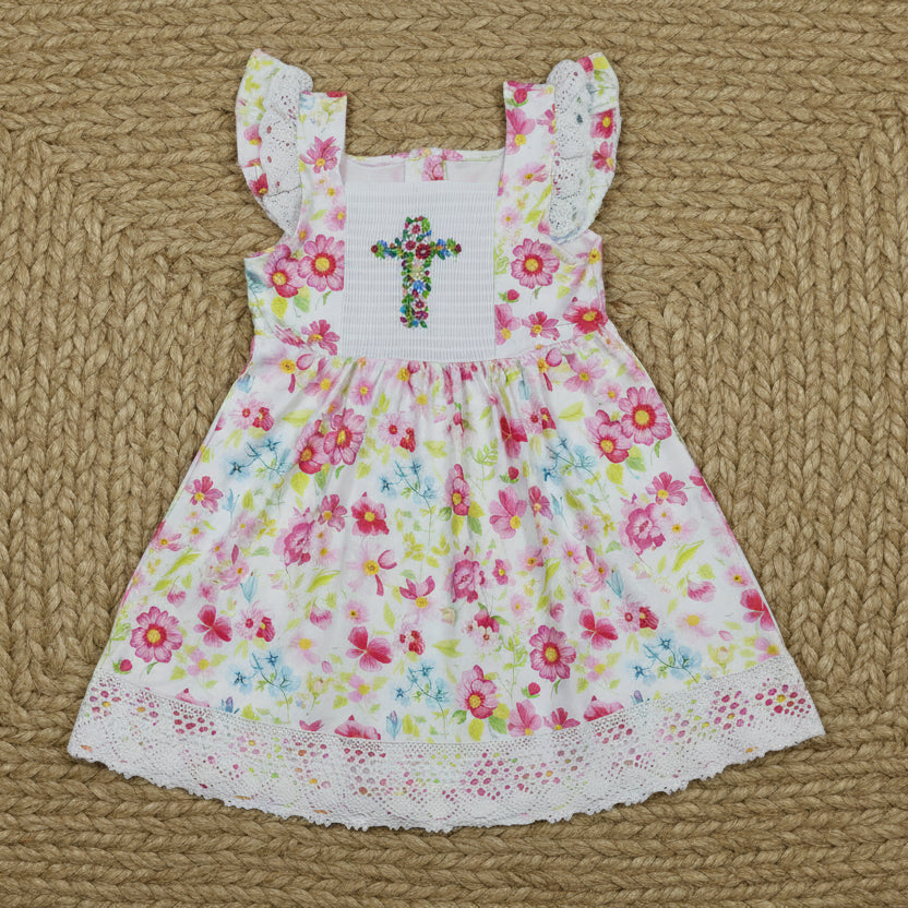 easter cross smock dress lace ruffle floral girl dress