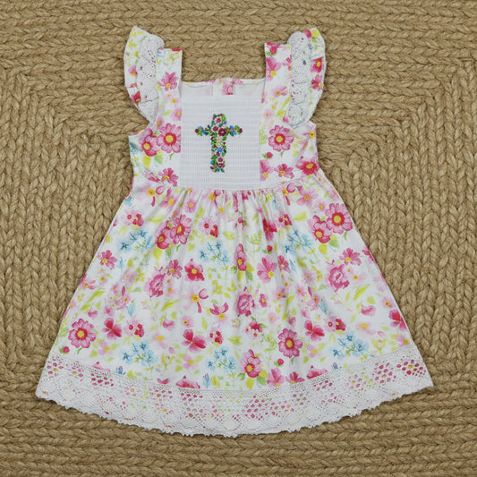 easter cross smock dress lace ruffle floral girl dress