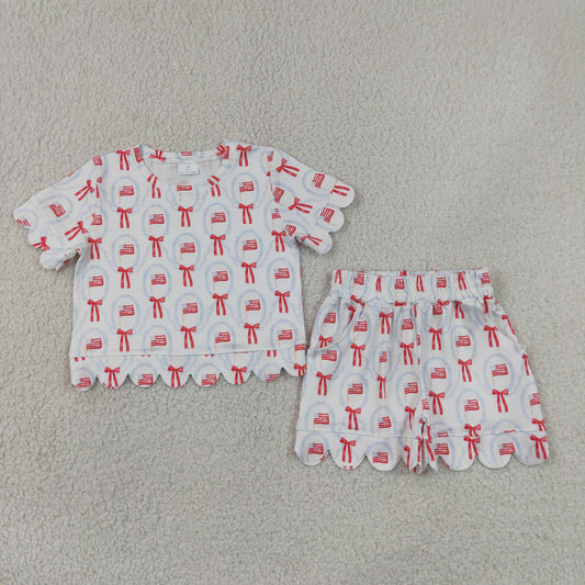 res white blue patriotic bow and flag scallop shorts set