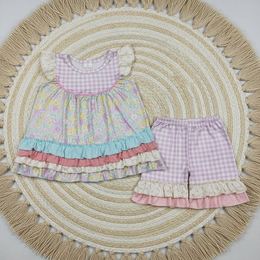 colorful floral gingham ruffle shorts set summer girl clothing