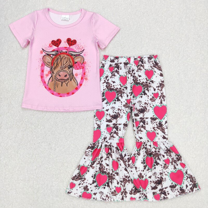 GSPO0416 highland cow print pink heart bell bottom pants set