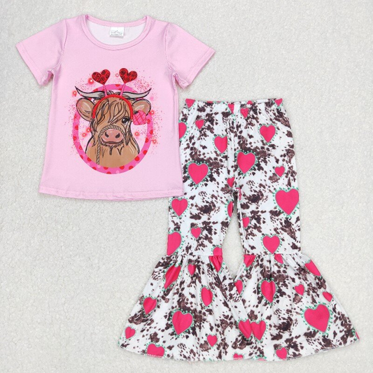 GSPO0416 highland cow print pink heart bell bottom pants set