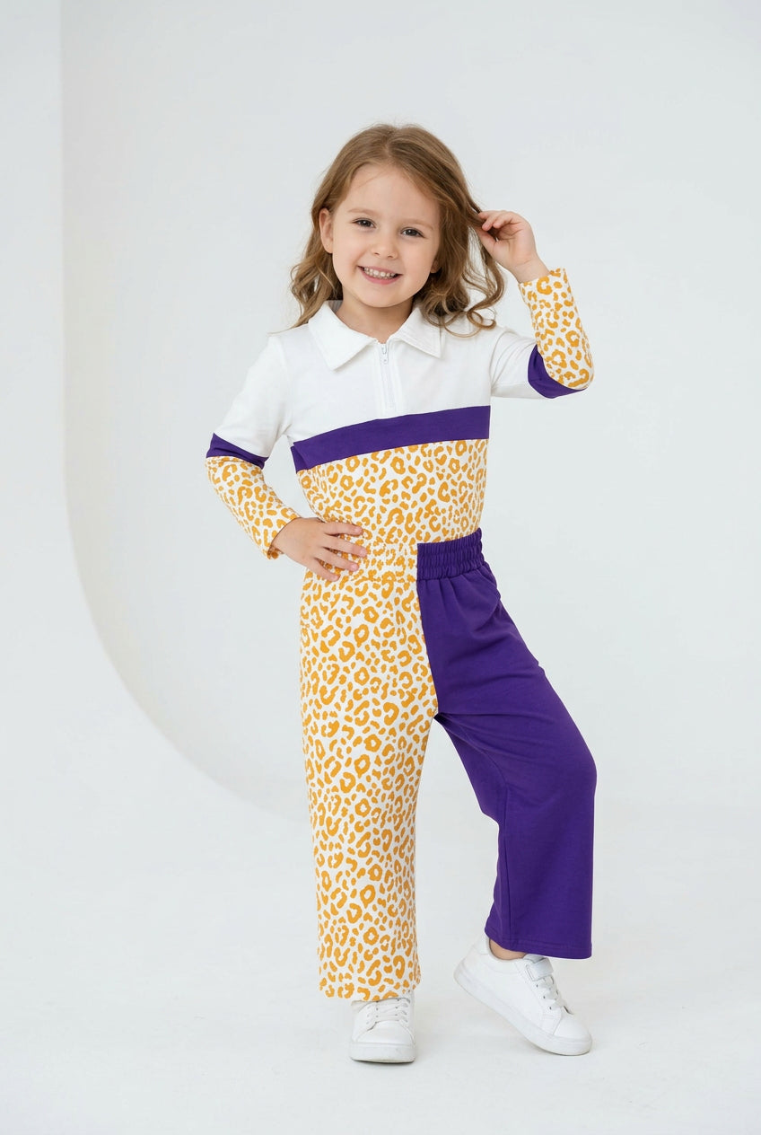 solid purple and orange leopard pullover wide leg pants set