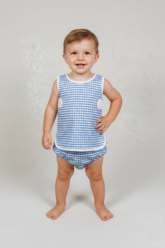 sleeveless white blue gingham bummie set