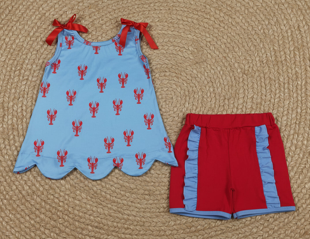 red blue lobster crawfish scallop shorts set summer girl clothing