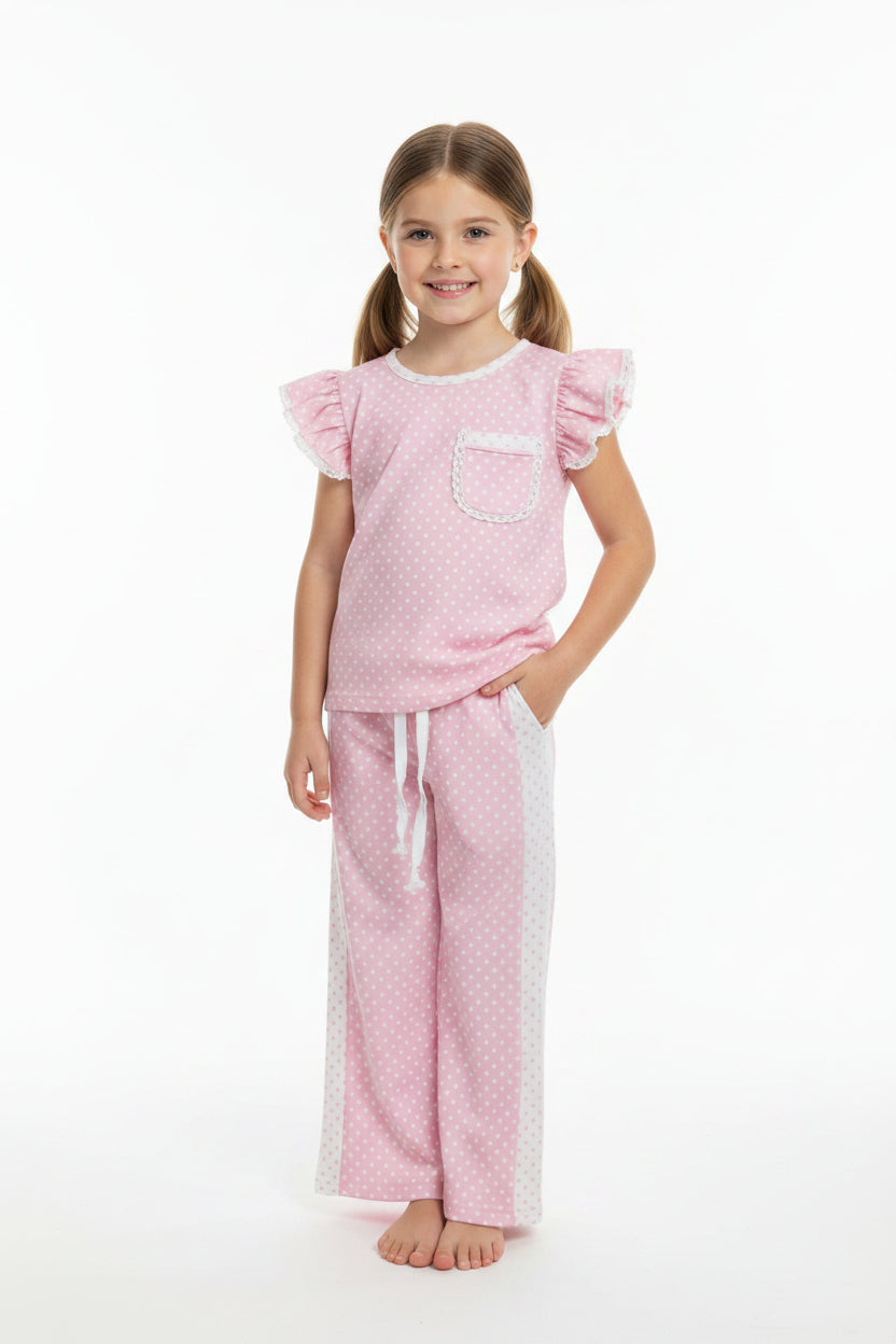 flutter sleeve pink white polk dots pants set