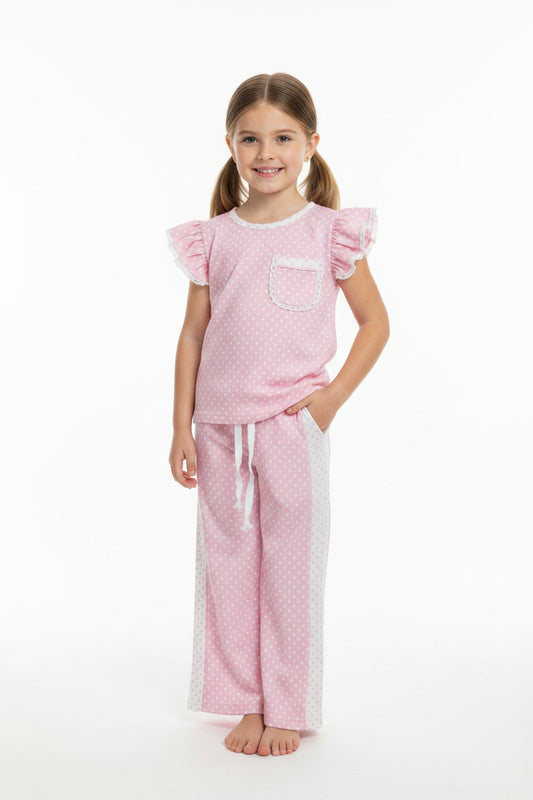 flutter sleeve pink white polk dots pants set
