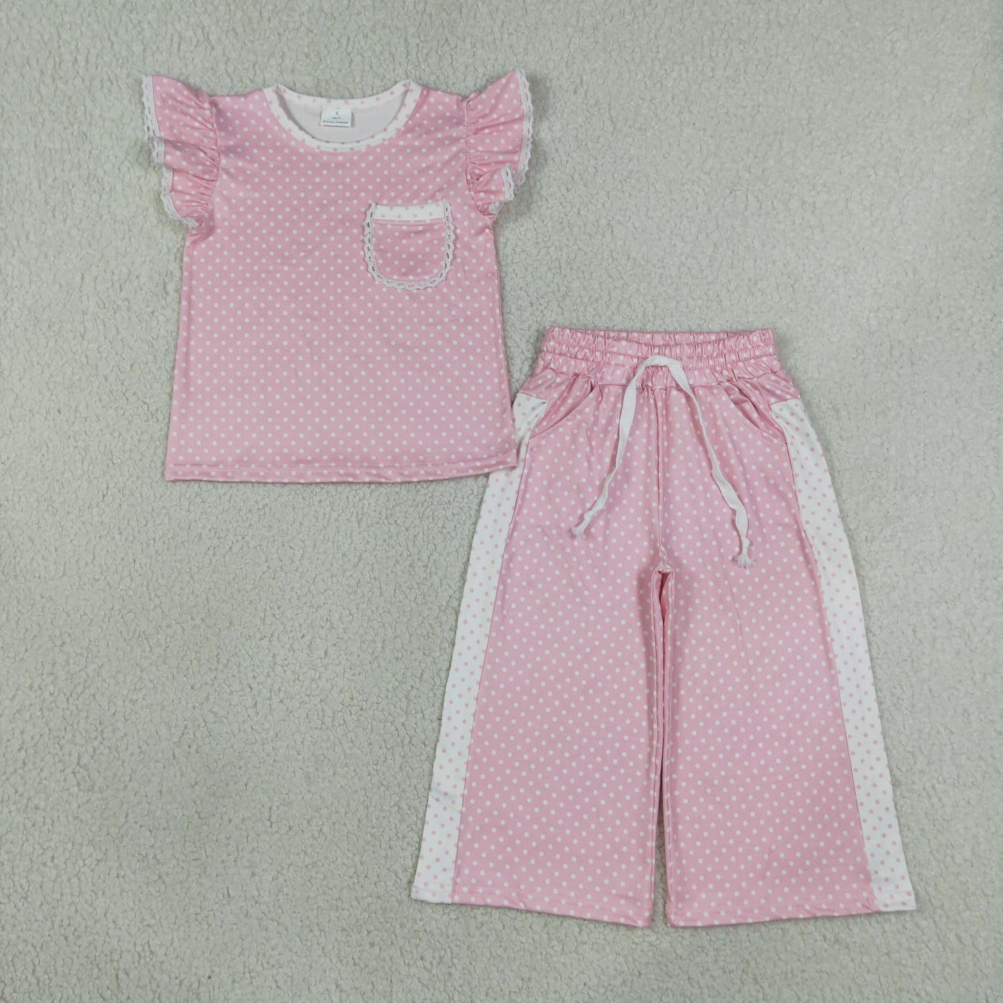 flutter sleeve pink white polk dots pants set