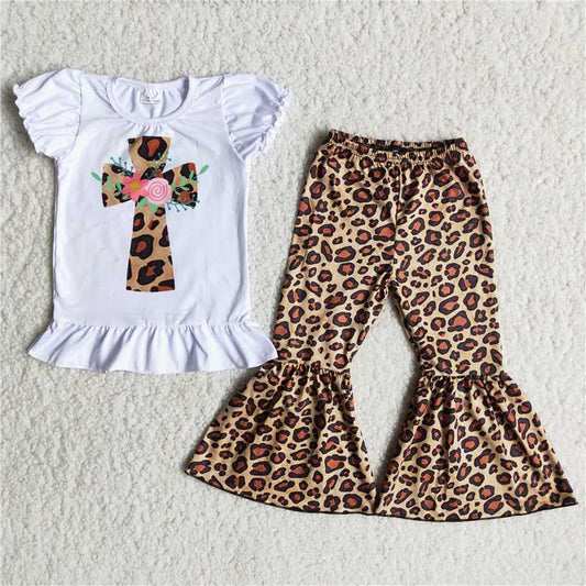 short Sleeve cross print shirt leopard bells set